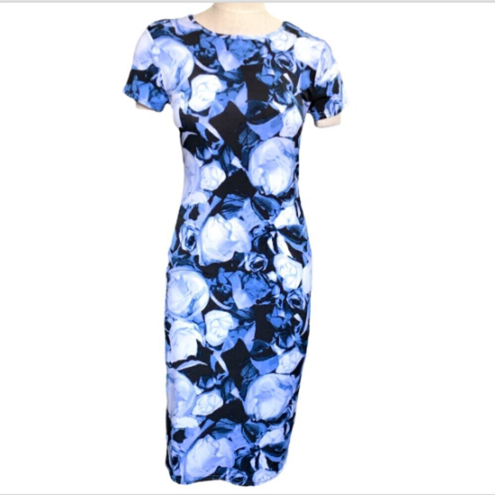 Carmen Marc Valvo Blue Floral Short Sleeve Sheath Dress Sz M‎ #361G